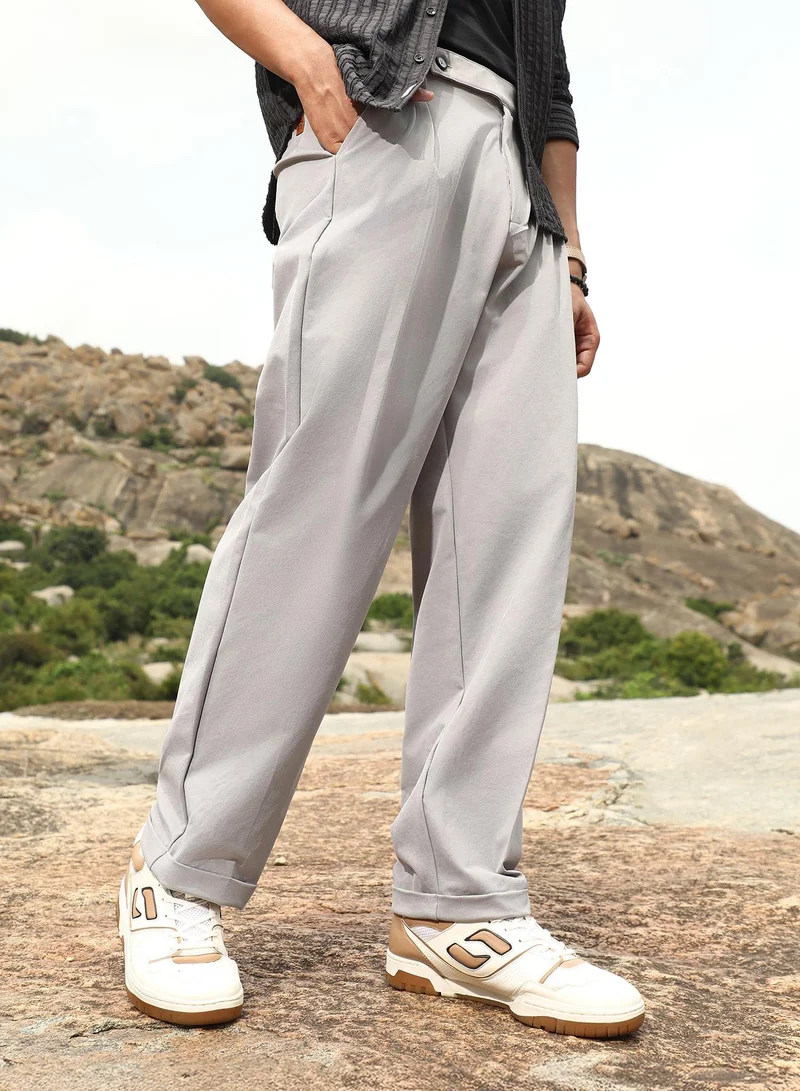 كامبوس سوترا Campus Sutra Men's Cloud Grey Extended-Waistband Straight Trousers | Mid-Rise , Straight Hem , Button Closure | Solid Plain | Polyester Blend Trousers For Formal & Office Wear