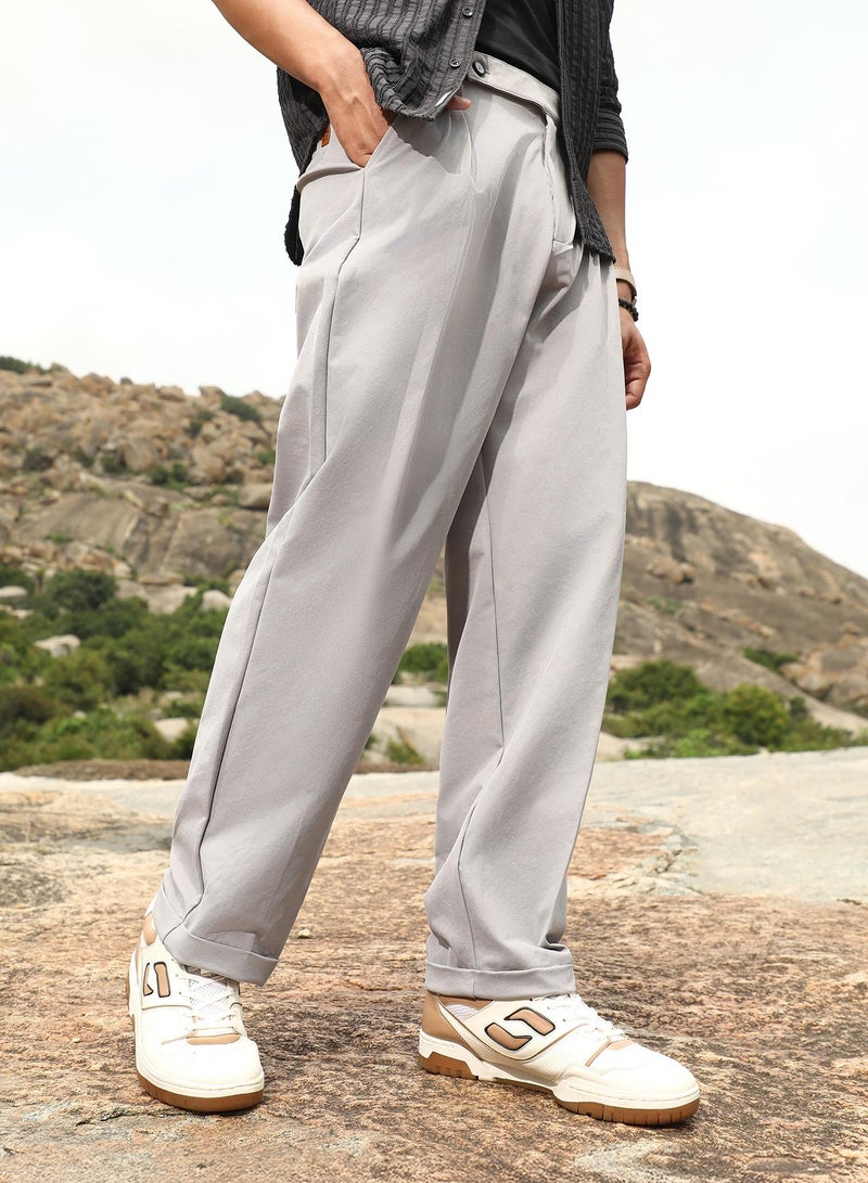 Campus Sutra Campus Sutra Men's Cloud Grey Extended-Waistband Straight Trousers | Mid-Rise , Straight Hem , Button Closure | Solid Plain | Polyester Blend Trousers For Formal & Office Wear  - Image 1
