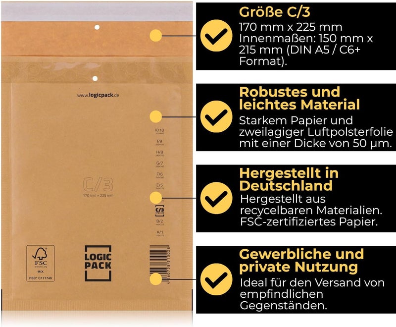 100 Bubble Envelopes Brown C3 170 x 225 mm Padded Envelopes Self-Adhesive Mailing Envelopes with Bubble Wrap for DIN A5 - Image 2