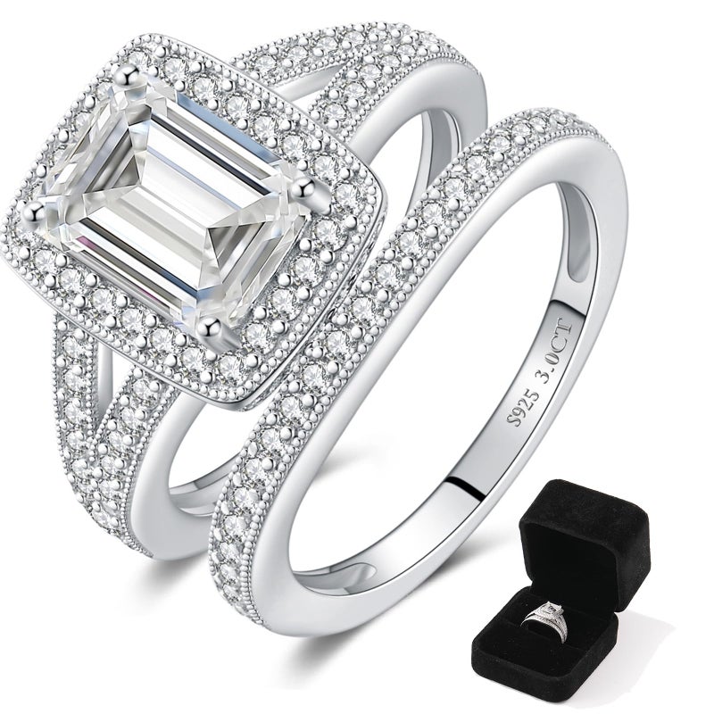 LOIPURI 3CT Moissanite Wedding Sets for Women, Perfect Matching Emerald Cut Engagement Ring Wedding Band Bridal Set, Sterling Silver, D Color VVS1, Ring Box Included, Proposal Promise Valentine's Day Gift - Image 1