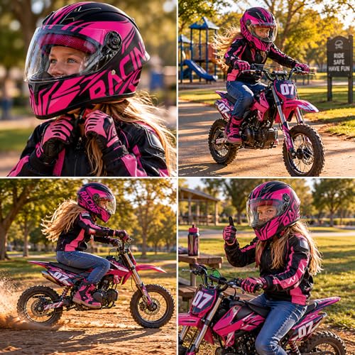 TTMiku Kids Full Face Motorcycle Helmet DOT Approved Child ATV Dirt Bike Electric Bike 4Wheeler Quad GoKart Street Racing Helmet for Boys Girls Pink Large - Image 3