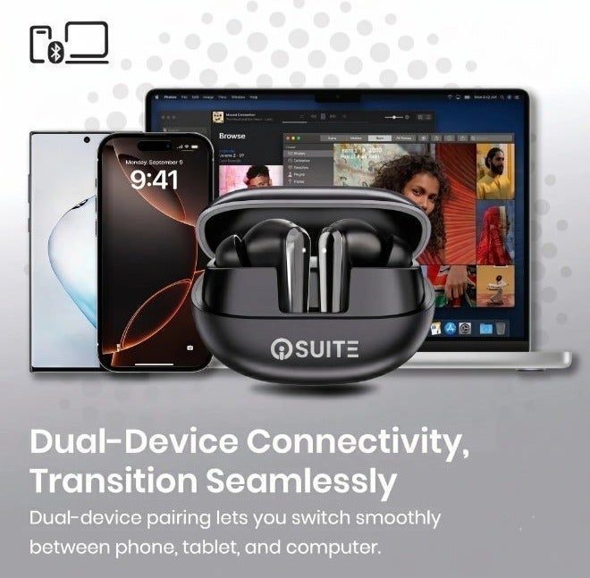 اى او سويت سماعات iOsuite BTW77 لاسلكية حقيقية مع عزل ضوضاء نشط ANC وميكروفون مزدوج ENC، بلوتوث 5.3، صوت HiFi بمحركات 10 مم، علبة شحن لاسلكية، شحن تايب سي، متوافقة مع آيفون وأندرويد – أسود - Image 4