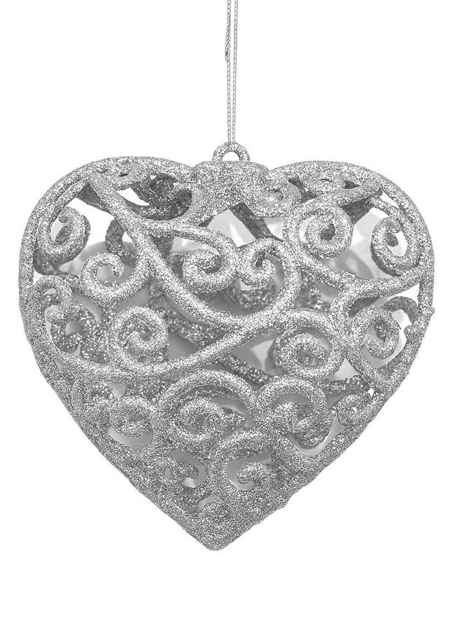 زخرفة قلب فضي لامع لشجرة عيد الميلاد – قلب زخرفي أنيق لشجرة العطلات وديكور المنزل الاحتفالي - Image 1