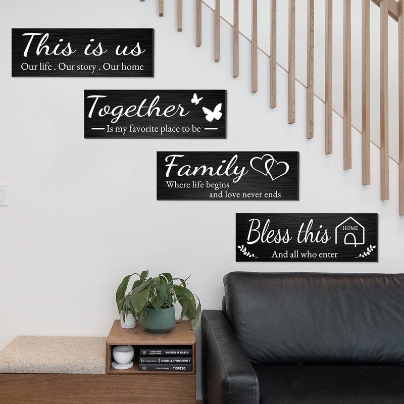 Joyhawk 4 Pieces Home Wall Decor Signs, THIS IS US/TOGETHER/BLESS THIS HOME/FAMILY Wall Decor For Living Room Bedroom, Rustic Wooden Farmhouse Wall Art Decor, 4.7 x 13.8 Inch(Black) - Image 4