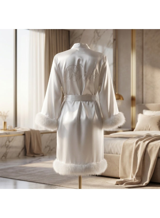LADY روب عروس ساتان أبيض مزين بالفرو – لانجري نسائي فاخر وروب شهر العسل Bridal Robe - Image 1