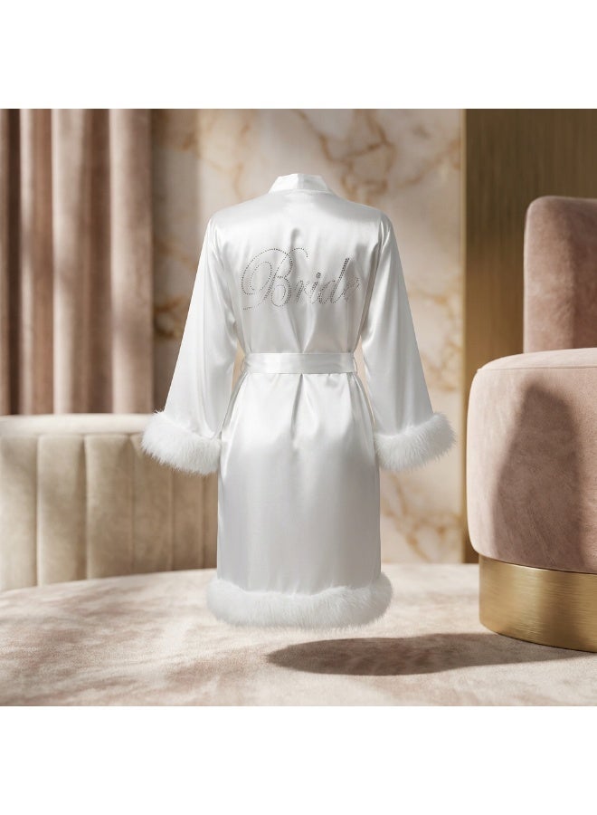 LADY روب عروس ساتان أبيض مزين بالفرو – لانجري نسائي فاخر وروب شهر العسل Bridal Robe - Image 2