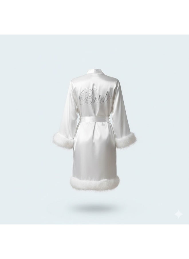 LADY روب عروس ساتان أبيض مزين بالفرو – لانجري نسائي فاخر وروب شهر العسل Bridal Robe - Image 5