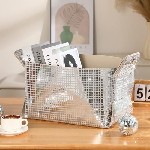 Geelin Disco Ball Storage Basket for Organizing 15x10x9 in Glitter Silver Foldable Fabric Storage Bin with Carry Handle for Shelves Bling Felt Basket Organizer for Home Decor Office Laundry1 Pcs - Image 1