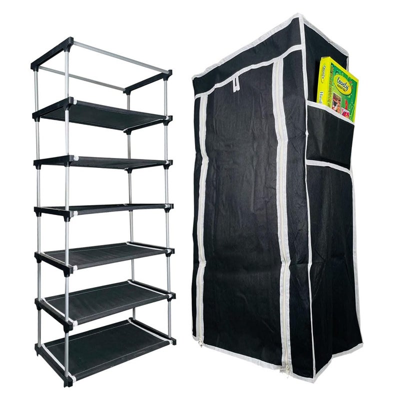 DEMARK® Multipurpose 6-Tiers Shoe Rack with Dustproof Zip Cover, Multiuse Wide Space Storage Rack Made by Non Woven Fabric for Footwear, Toys, Clothes (Black, DEMARK-6 Layer Shoe Rack) - Image 1