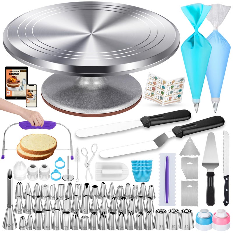 Kootek 253 Pcs Cake Decorating Kit, 12" Aluminum Alloy Cake Turntable, 48 Numbered Icing Tips, 3 Russian Piping Nozzles, Offset and Straight Spatulas, Cake Leveler, Pastry Bags Baking Supplies - Image 1