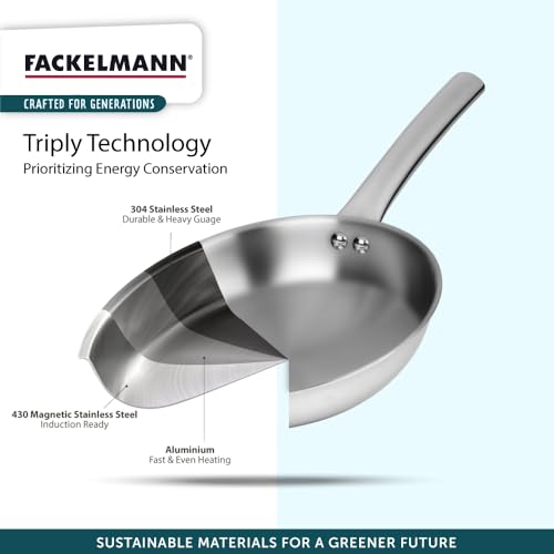 Fackelmann Triply Stainless Steel 4 pc Cookware Set - Tadka Pan 10cm -0.4ltr, Kadai/Wok with Lid 22cm - 2ltr and Fry Pan 22m - 1.7 ltr | Triple Layer Technology | Induction, Gas Base | 5 Year Warranty - Image 5