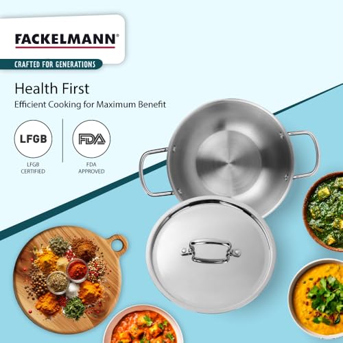 Fackelmann Triply Stainless Steel 4 pc Cookware Set - Tadka Pan 10cm -0.4ltr, Kadai/Wok with Lid 22cm - 2ltr and Fry Pan 22m - 1.7 ltr | Triple Layer Technology | Induction, Gas Base | 5 Year Warranty - Image 3