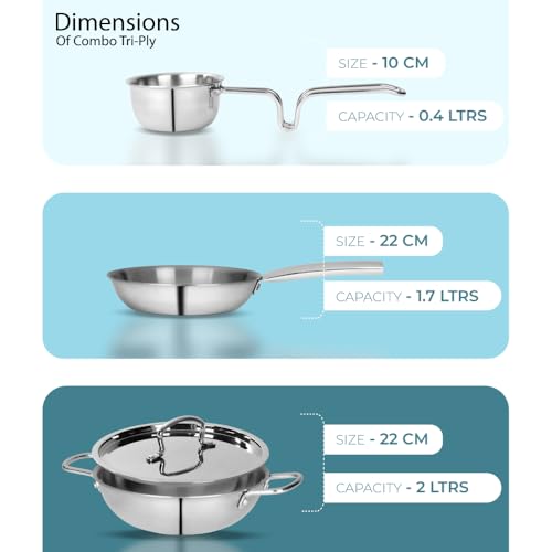 Fackelmann Triply Stainless Steel 4 pc Cookware Set - Tadka Pan 10cm -0.4ltr, Kadai/Wok with Lid 22cm - 2ltr and Fry Pan 22m - 1.7 ltr | Triple Layer Technology | Induction, Gas Base | 5 Year Warranty - Image 2
