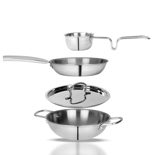 Fackelmann Triply Stainless Steel 4 pc Cookware Set - Tadka Pan 10cm -0.4ltr, Kadai/Wok with Lid 22cm - 2ltr and Fry Pan 22m - 1.7 ltr | Triple Layer Technology | Induction, Gas Base | 5 Year Warranty - Image 1