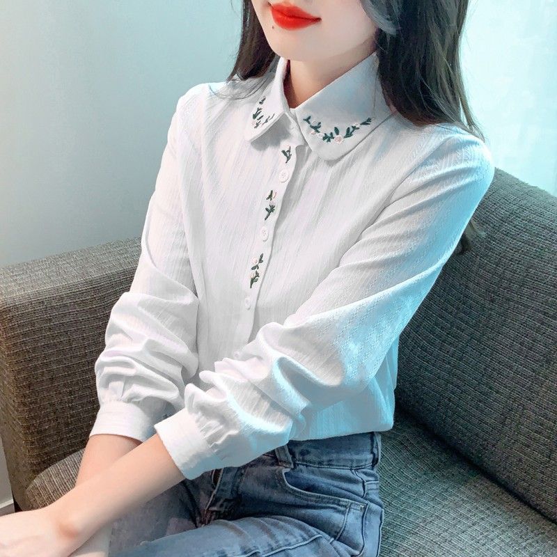 2024 Spring and Autumn new fashion age-reducing embroidered cotton shirt Womens fashionable cotton elegant all-match top women Apricot - Image 2