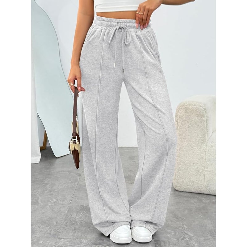Trendy Queen سروال رياضي واسع الساق للنساء بخصر مرتفع وفضفاض ورباط مع جيوب للمراهقات - Image 3