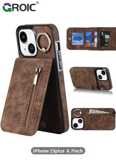 GROIC For iPhone 15 Plus 6.7 Inch Case Flip Wallet Case with 5 Cards Holder and Zipper Purse, PU Leather Magnetic Buttons Ring Stand with Card Holder [RFID Blocking] Flip Shell for iPhone 15 Plus Cover  - Image 1