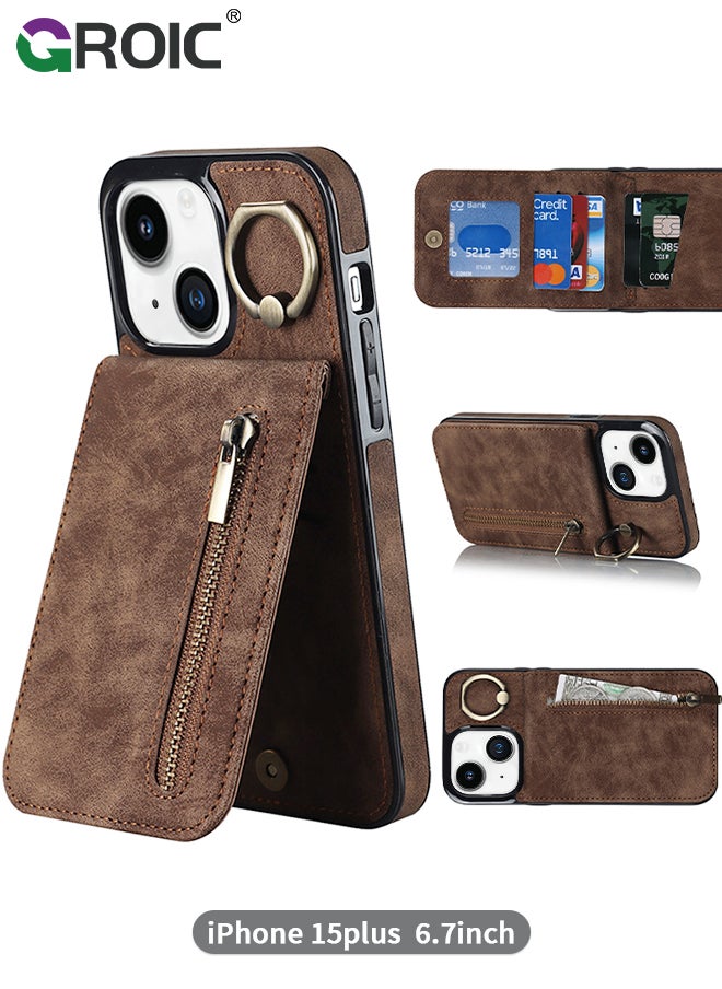 GROIC For iPhone 15 Plus 6.7 Inch Case Flip Wallet Case with 5 Cards Holder and Zipper Purse, PU Leather Magnetic Buttons Ring Stand with Card Holder [RFID Blocking] Flip Shell for iPhone 15 Plus Cover  - Image 1