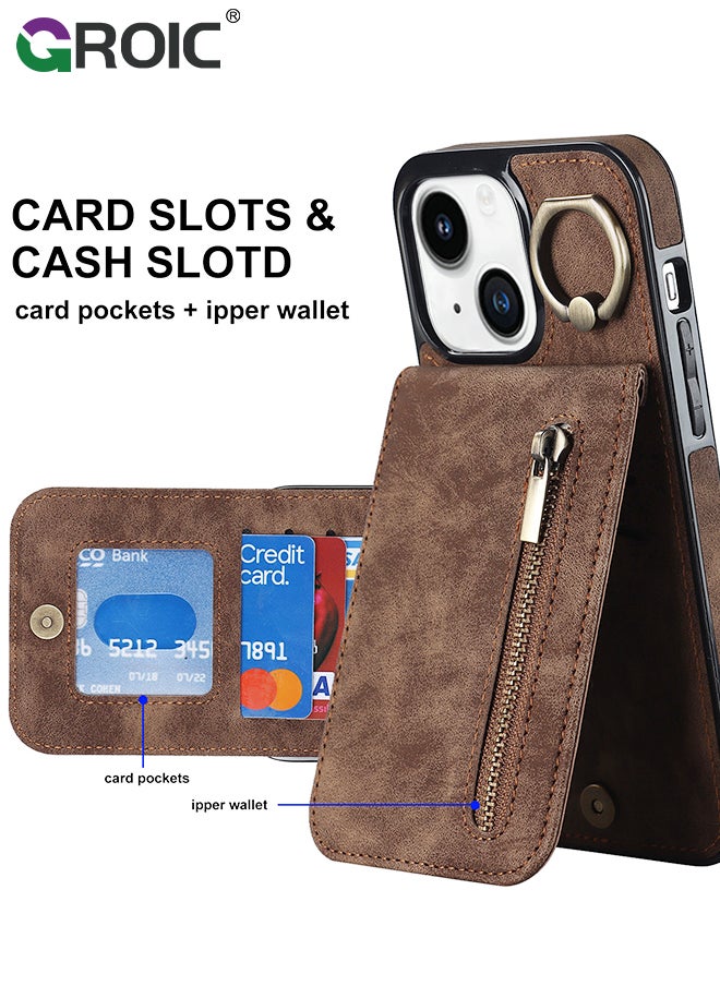 GROIC For iPhone 15 Plus 6.7 Inch Case Flip Wallet Case with 5 Cards Holder and Zipper Purse, PU Leather Magnetic Buttons Ring Stand with Card Holder [RFID Blocking] Flip Shell for iPhone 15 Plus Cover  - Image 4