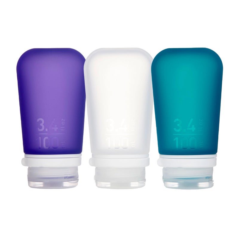 Humangear humangear GoToob+ 3-Pack (Large) | Refillable Silicone Travel Bottle | Locking Lid | Food-Safe Material, Clear/Purple/Teal, Large (3.4 fl.oz.; 100ml)  - Image 1