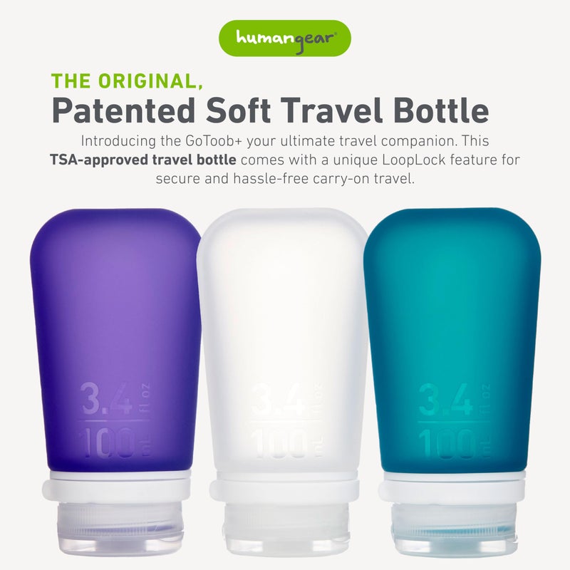 Humangear humangear GoToob+ 3-Pack (Large) | Refillable Silicone Travel Bottle | Locking Lid | Food-Safe Material, Clear/Purple/Teal, Large (3.4 fl.oz.; 100ml)  - Image 2