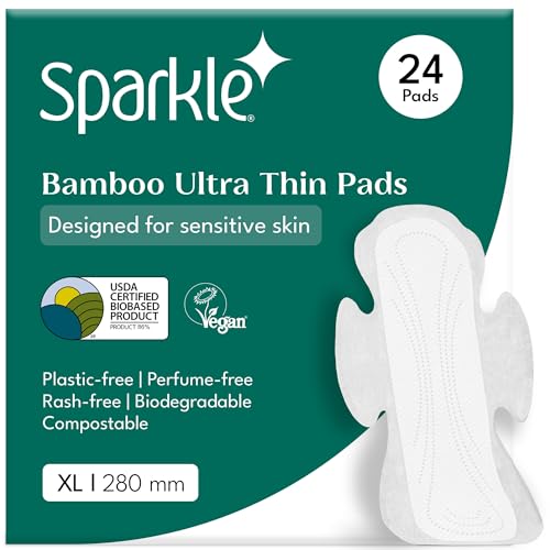 Sparkle Bamboo Ultra Thin Pads XL| Plant Based Sanitary Pads for Women | 100% Rash-Free sanitary napkins | Leak-Proof | Organic Pads | Period Pad Softer than Cotton Sanitary Pads | Heavy Absorbency | XL, 24 Count - Image 1