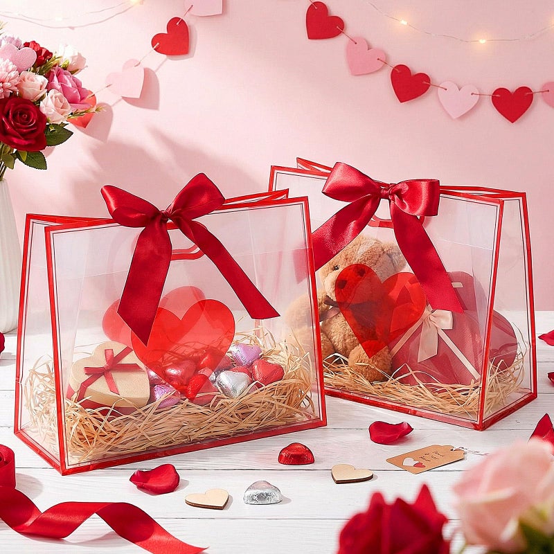 Gilprop 12 Pcs Valentine's Day Heart Clear Gift Bags with Handles Heart Transparent Gift Bags with Ribbons Bulk 12 x 10 x 5 Inches Large Plastic Goodie Reusable Bag for Valentine Galentine Party(Red) - Image 5