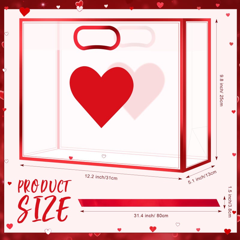 Gilprop 12 Pcs Valentine's Day Heart Clear Gift Bags with Handles Heart Transparent Gift Bags with Ribbons Bulk 12 x 10 x 5 Inches Large Plastic Goodie Reusable Bag for Valentine Galentine Party(Red) - Image 3