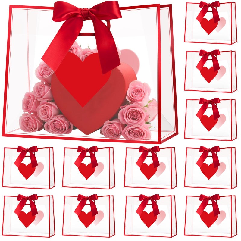 Gilprop 12 Pcs Valentine's Day Heart Clear Gift Bags with Handles Heart Transparent Gift Bags with Ribbons Bulk 12 x 10 x 5 Inches Large Plastic Goodie Reusable Bag for Valentine Galentine Party(Red) - Image 1