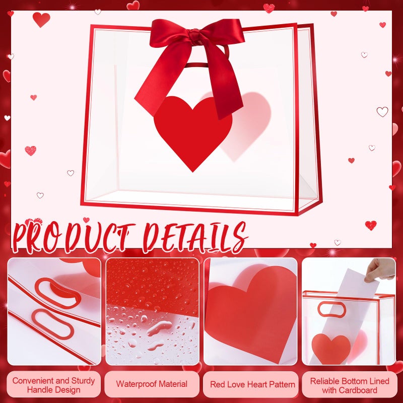 Gilprop 12 Pcs Valentine's Day Heart Clear Gift Bags with Handles Heart Transparent Gift Bags with Ribbons Bulk 12 x 10 x 5 Inches Large Plastic Goodie Reusable Bag for Valentine Galentine Party(Red) - Image 4