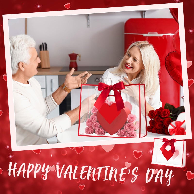 Gilprop 12 Pcs Valentine's Day Heart Clear Gift Bags with Handles Heart Transparent Gift Bags with Ribbons Bulk 12 x 10 x 5 Inches Large Plastic Goodie Reusable Bag for Valentine Galentine Party(Red) - Image 2