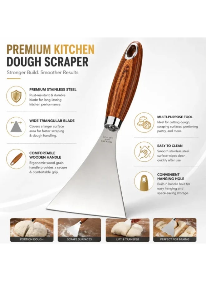Stainless Steel Dough Scraper & Pastry Cutter with Wooden Handle, Multipurpose Kitchen Bench Scraper for Dough, Cake & Pizza Preparation - Image 2