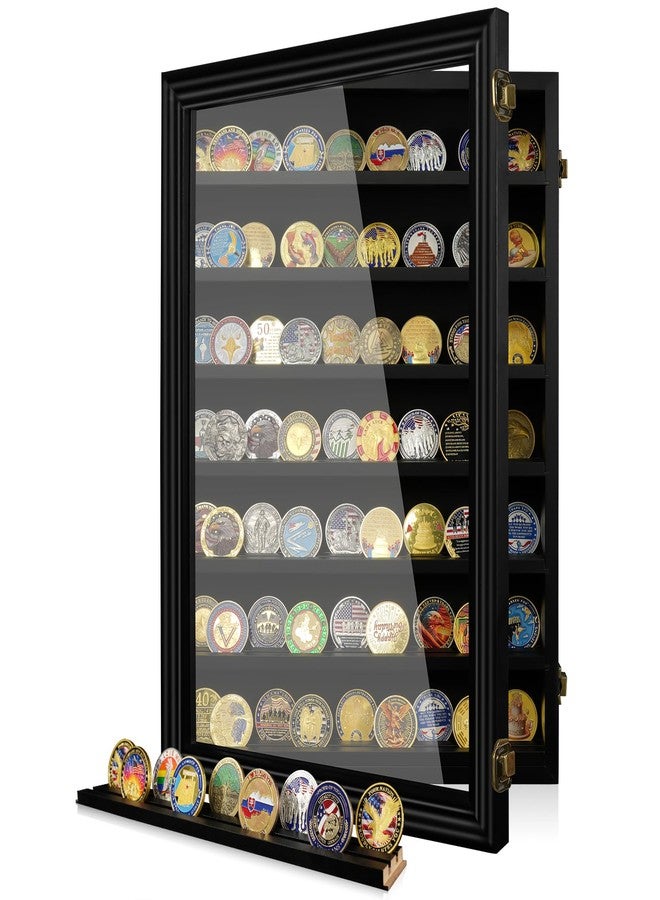 ASmileIndeep 7 Rows Wooden Military Challenge Coin Holder Display Case with HD Tempered Glass Holds 100 Coins, Medal Display Cabinet Shadow Box with Removable Shelves, Tabletop or Wall Mountable Black - Image 1