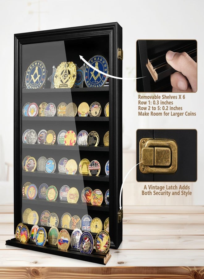 ASmileIndeep 7 Rows Wooden Military Challenge Coin Holder Display Case with HD Tempered Glass Holds 100 Coins, Medal Display Cabinet Shadow Box with Removable Shelves, Tabletop or Wall Mountable Black - Image 2
