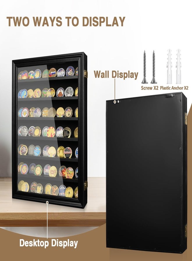 ASmileIndeep 7 Rows Wooden Military Challenge Coin Holder Display Case with HD Tempered Glass Holds 100 Coins, Medal Display Cabinet Shadow Box with Removable Shelves, Tabletop or Wall Mountable Black - Image 5