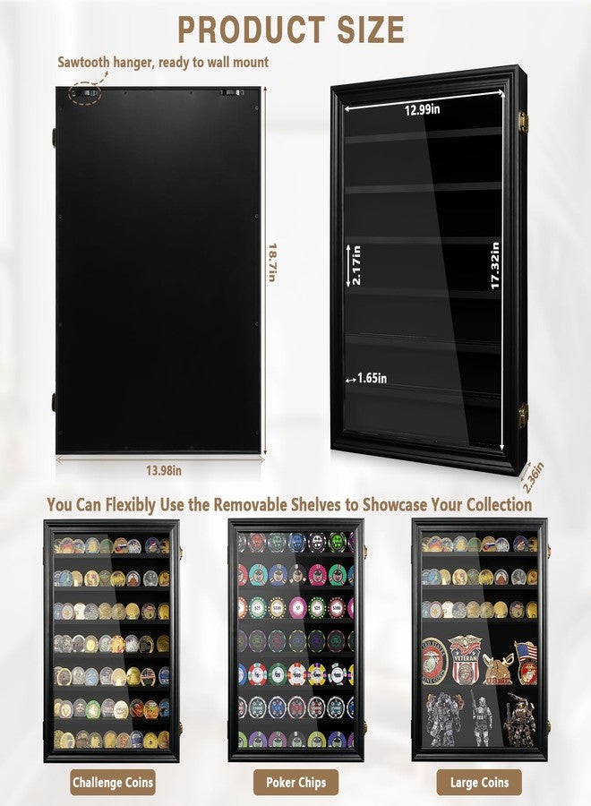ASmileIndeep 7 Rows Wooden Military Challenge Coin Holder Display Case with HD Tempered Glass Holds 100 Coins, Medal Display Cabinet Shadow Box with Removable Shelves, Tabletop or Wall Mountable Black - Image 3