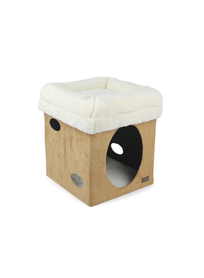 afp Cat House with Bed, Lambswool, 2 in 1 Cat Castle - Tan 35cm x 35cm x 35cm - Image 1