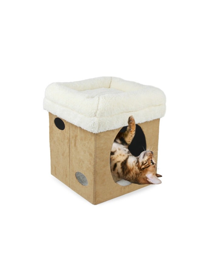 afp Cat House with Bed, Lambswool, 2 in 1 Cat Castle - Tan 35cm x 35cm x 35cm - Image 4