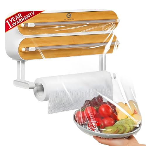 OCEANEVO 3-in-1 Magnetic Foil Paper Cutter and Holder, Cling Food Wrap Dispenser with Cutter, Kitchen Tissue Roll Holder | Wooden Design | 1-Year Warranty - Image 1