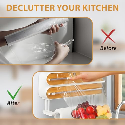 OCEANEVO 3-in-1 Magnetic Foil Paper Cutter and Holder, Cling Food Wrap Dispenser with Cutter, Kitchen Tissue Roll Holder | Wooden Design | 1-Year Warranty - Image 5