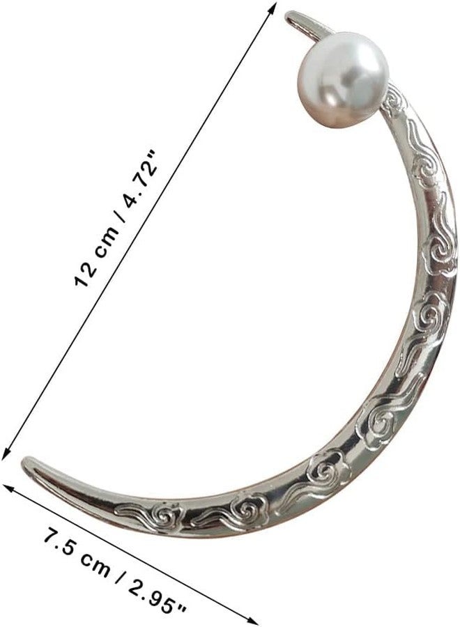 Ashkash 1Pcs Vintage Crescent Moon Hair Fork Pearl Alloy Hair Sticks for Women Chinese Half Moon Hair Bun Clip Hairpin Hair Accessories Hair Styling Tool - Silver - Image 2