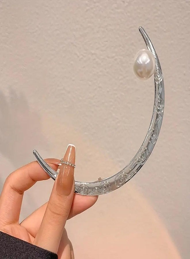 Ashkash 1Pcs Vintage Crescent Moon Hair Fork Pearl Alloy Hair Sticks for Women Chinese Half Moon Hair Bun Clip Hairpin Hair Accessories Hair Styling Tool - Silver - Image 4