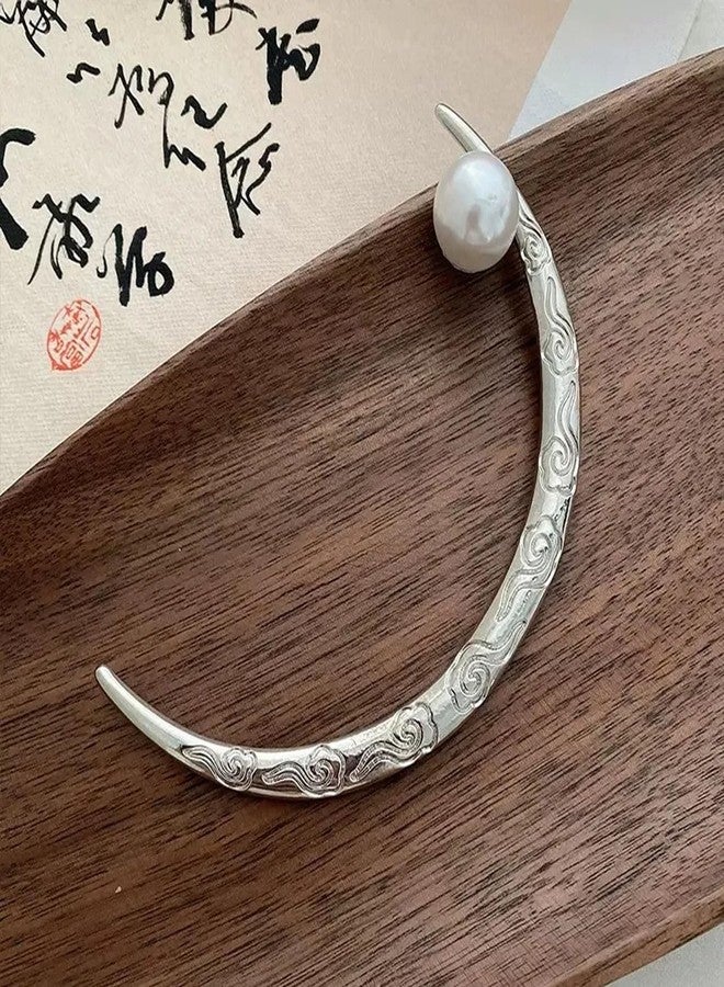 Ashkash 1Pcs Vintage Crescent Moon Hair Fork Pearl Alloy Hair Sticks for Women Chinese Half Moon Hair Bun Clip Hairpin Hair Accessories Hair Styling Tool - Silver - Image 5