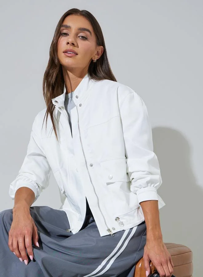 Styli Off White Solid Pocket Details Zip-Up Regular Fit Bomber Jacket