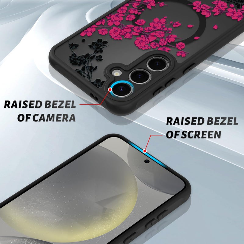 OOK Case Fit for Samsung Galaxy S24 Plus 6.7 In (Wireless Charging Compatible) Hot Pink Floral Flowers Design Translucent Phone Cover Soft TPU + Hard PC Anti-Scratch Shockproof Magnetic Case for Women - Image 3