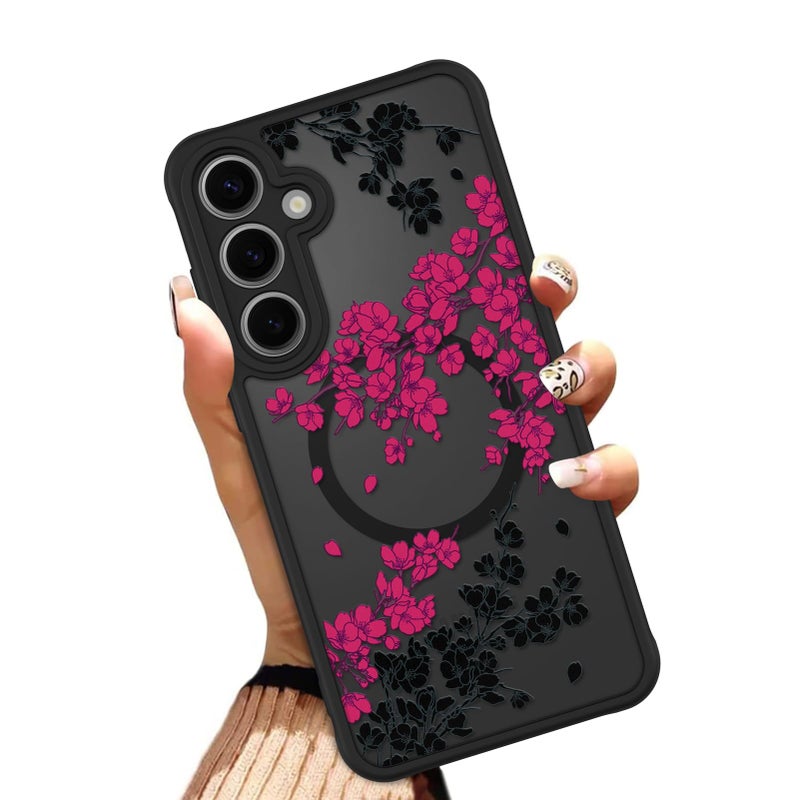 OOK Case Fit for Samsung Galaxy S24 Plus 6.7 In (Wireless Charging Compatible) Hot Pink Floral Flowers Design Translucent Phone Cover Soft TPU + Hard PC Anti-Scratch Shockproof Magnetic Case for Women - Image 1