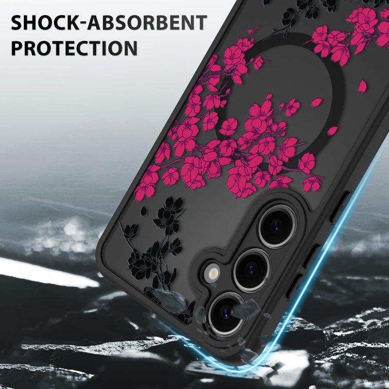 OOK Case Fit for Samsung Galaxy S24 Plus 6.7 In (Wireless Charging Compatible) Hot Pink Floral Flowers Design Translucent Phone Cover Soft TPU + Hard PC Anti-Scratch Shockproof Magnetic Case for Women - Image 4