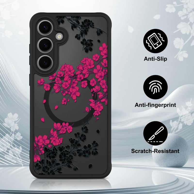 OOK Case Fit for Samsung Galaxy S24 Plus 6.7 In (Wireless Charging Compatible) Hot Pink Floral Flowers Design Translucent Phone Cover Soft TPU + Hard PC Anti-Scratch Shockproof Magnetic Case for Women - Image 5