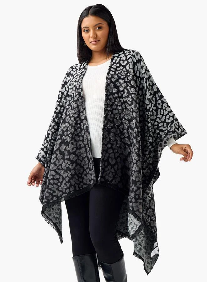  أولا بوبكن Ulla Popken Relaxed Fit Fringe Accent Poncho