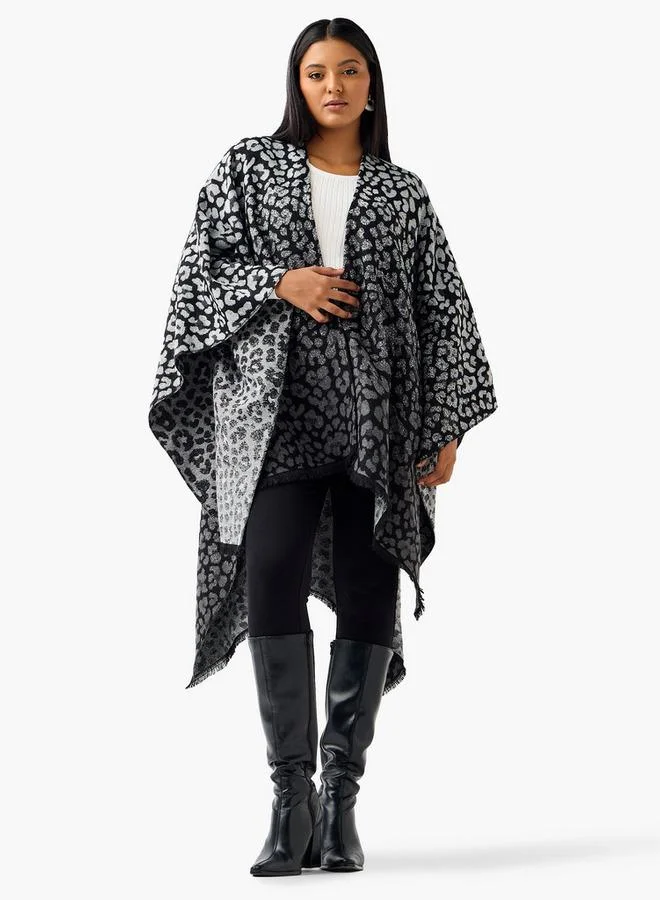  أولا بوبكن Ulla Popken Relaxed Fit Fringe Accent Poncho